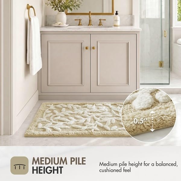 Madison Park Serene Tufted Bath Rug Cotton Absorbent, Round, Natural | Quick Dry, Soft Pile, Machine Washable, Floral Pattern, Plush, OEKO-TEX Certified
