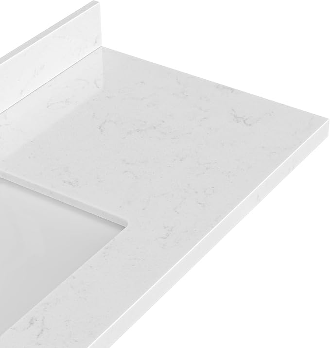 ARIEL 54 inch Bathroom Vanity top with Sink, 1.5 Inch Thick Miter Edge Carrara White Quartz top, Rectangle Single Porcelain Sink, Includes Backsplash