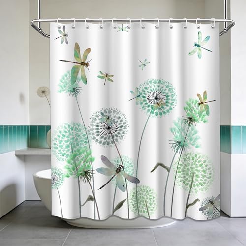 Mint Green Dandelion Shower Curtain Spring Dragonfly Teal White Watercolor Shower Curtains for Bathroom Decor, Waterproof Cloth Fabric with Hooks 70" Wx72 L