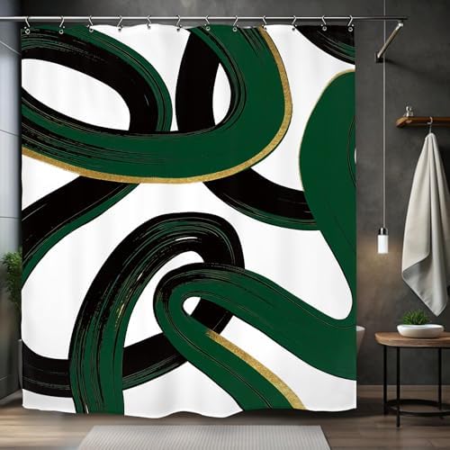 Abstract Emerald Green Black Green Shower Curtain 60Wx72L Inch Modern Minimalist Contemporary Geometric Line Neutral Simple Bathroom Set Accessories Decor with 12 Pack Hooks