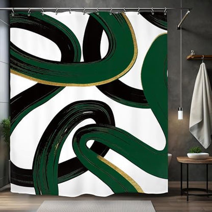 Abstract Emerald Green Black Green Shower Curtain 60Wx72L Inch Modern Minimalist Contemporary Geometric Line Neutral Simple Bathroom Set Accessories Decor with 12 Pack Hooks