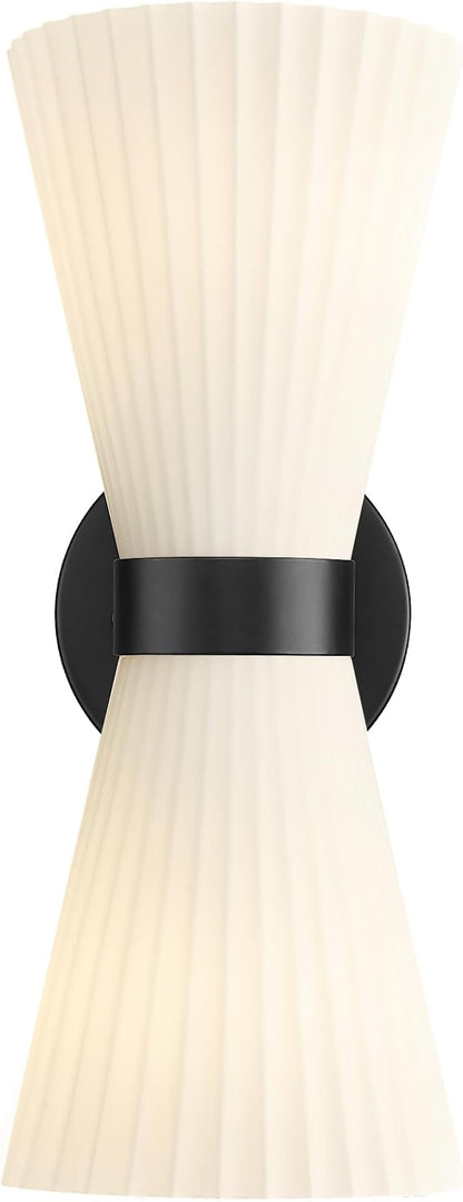 Modern Black Wall Sconce, HWH Up and Down Indoor Sconces Wall Lighting with Frosted Milk White Striped Glass Shade, Hardwired Wall Mounted Vanity Lamp for Bathroom, 5HZG97B-2W BK