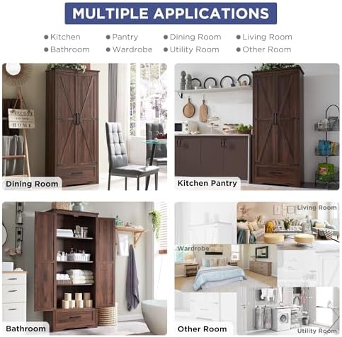JXQTLINGMU Farmhouse Kitchen Pantry Cabinet - 72" Tall Wood Kitchen Storage Cabinets with Adjustable Shelves & 2 Barn Doors & Drawer, Versatile Storage for Dining Room, Bathroom, Rustic Brown
