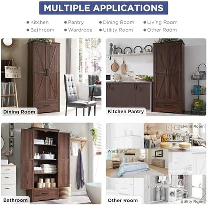 JXQTLINGMU Farmhouse Kitchen Pantry Cabinet - 72" Tall Wood Kitchen Storage Cabinets with Adjustable Shelves & 2 Barn Doors & Drawer, Versatile Storage for Dining Room, Bathroom, Rustic Brown