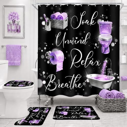 Purple Black Lilac Mauve Funny 4Pcs Bathroom Shower Curtain Set with Rugs