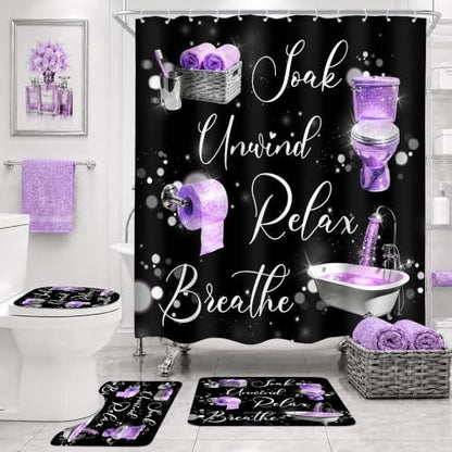 Purple Black Lilac Mauve Funny 4Pcs Bathroom Shower Curtain Set with Rugs
