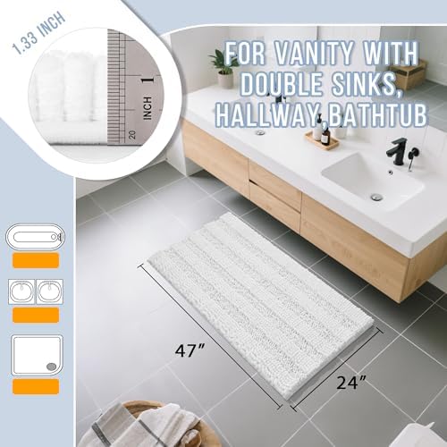 Yimobra Bathroom Rug Mat 47 x 24, Non Slip and Super Absorbent Bath Mat,Machine Washable Quick Dry,Ultra Plush Chenille Shower Rugs for Bathroom Floor Sink Tub and Shower Outside,White