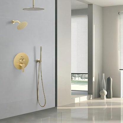 Shower Faucet Set Brushed Gold 10 Inch Round Ceiling Mount Rainfall Shower System with 2 Rain Shower Head and Handheld Head Push Button Diverter Shower Trim Kit and Rough-in Valve Body