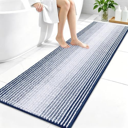 OLANLY Bathroom Runner Rugs 59x20, Soft Chenille Striped Bath Rugs, Navy