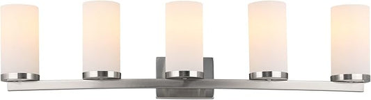 Design House Desta Vanity Light, 5-Light, Curved Bar Design, Frosted Glass Glow, Dimmable, Up/Down Mountable, E26 Socket, Satin Nickel, 38.6 in L x 6.9 in W x 9.5 in H, 589176-SN
