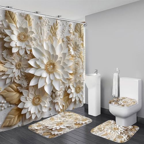 Chrainy 4pcs White Flowers Shower Cutain Bathroom Decor Sets with Rugs