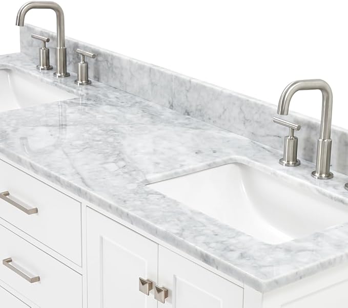 ARIEL Cambridge 66-inch Bathroom Vanity with Sink,Solid Wood, 0.75-inch Italian Carrara Marble Countertop, Double Rectangular Porcelain Sink, 4 Soft Closing Doors, 6 Dovetail Drawers, White