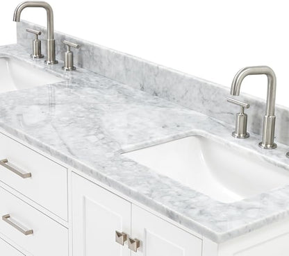 ARIEL Cambridge 66-inch Bathroom Vanity with Sink,Solid Wood, 0.75-inch Italian Carrara Marble Countertop, Double Rectangular Porcelain Sink, 4 Soft Closing Doors, 6 Dovetail Drawers, White