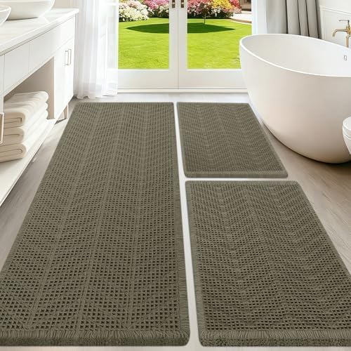 Upgraded Waffle Bath Mat Set 3 Piece Greyish Green-Herringbone, Super Absorbent Non-Slip Quick Dry Bathroom Rugs with Tassels, Machine Washable Ultra Soft Boho Bath Rugs,Bath Mats Boho Farmhouse Decor