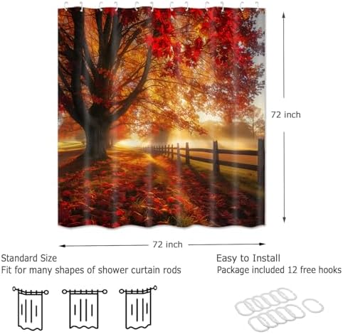 Fall Decor Shower Curtain, Golden Autumn Forest Leaves Natural Sunshine Farmhouse Bathroom Decor，Waterproof Cloth Fabric Bathroom Curtain Set with Hooks 72 x 72 inch
