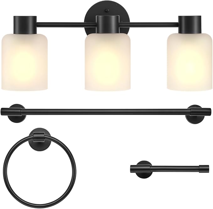 Globe Electric 4-Piece All-in-One Bathroom Set, Matte Black, 3-Light Vanity Light with Frosted Glass Shades, Towel Bar, Toilet Paper Holder, Towel Ring