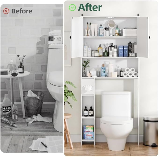 Over The Toilet Storage Cabinet, 65" Tall Bathroom Space Saver with 2 Doors & 2 Adjustable Shelves, Freestanding Organizer Toilet Cabinet for Bathroom, Laundry Room, Modern White Storage Unit