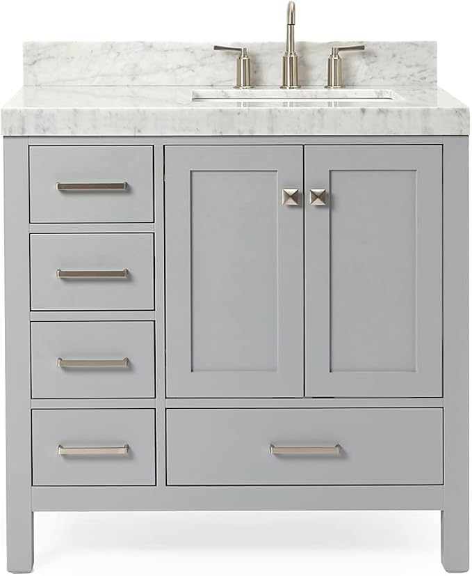ARIEL Cambridge 36-inch Bathroom Vanity with Sink,Solid Wood, 2-inch Italian Carrara Marble Countertop, Single Rectangular Porcelain Sink, 2 Soft Closing Doors, 5 Dovetail Drawers, Grey