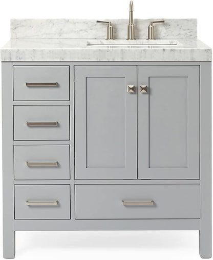 ARIEL Cambridge 36-inch Bathroom Vanity with Sink,Solid Wood, 2-inch Italian Carrara Marble Countertop, Single Rectangular Porcelain Sink, 2 Soft Closing Doors, 5 Dovetail Drawers, Grey
