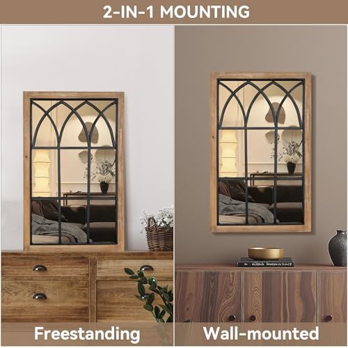 Rustic Window Mirror for Wall Decor, Wooden Frame Decorative Wall Mirror
