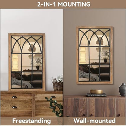 Rustic Window Mirror for Wall Decor, Wooden Frame Decorative Wall Mirror