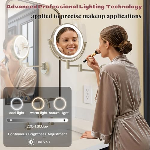 8" Rechargeable Brass Wall Mounted Magnifying Mirror with Lights, 1X/5X Cordless Double Sided 3-Colors LED Touch Dimmable Extended 360 Rotation Vanity Mirror for Bathroom, Satin Brushed Gold