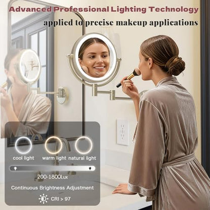 8" Rechargeable Brass Wall Mounted Magnifying Mirror with Lights, 1X/5X Cordless Double Sided 3-Colors LED Touch Dimmable Extended 360 Rotation Vanity Mirror for Bathroom, Satin Brushed Gold
