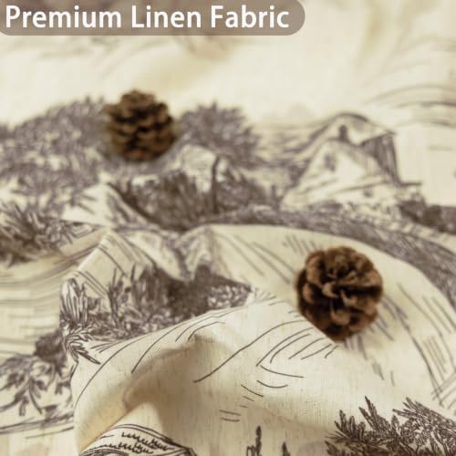 ORTIGIA Ruffle Linen Shower Curtain with Metal Hooks 72x72 Inch, Taupe Brown Toile de Jouy for Vintage French Country Waterproof Bathroom Decor Chateau Toile Pattern