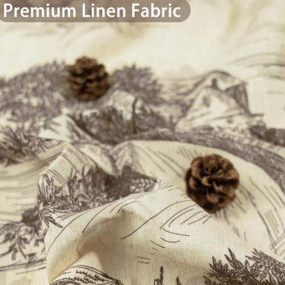 ORTIGIA Ruffle Linen Shower Curtain with Metal Hooks 72x72 Inch, Taupe Brown Toile de Jouy for Vintage French Country Waterproof Bathroom Decor Chateau Toile Pattern