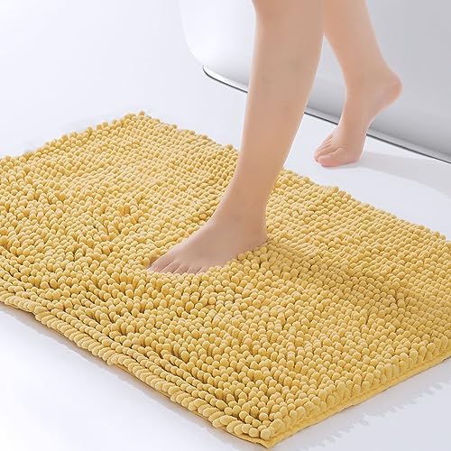 FRESHMINT Chenille Bathroom Rugs Mat 32”x20”, Non-Slip Bath Mat for Bathroom Floor & Bathtub, Washable Soft Shower Shag Bath Rugs, Durable Fluffy Thick Water Absorbent Microfiber Shower Mat, Yellow