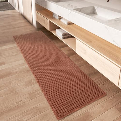 Upgraded Waffle Runner Rug Super Absorbent Non Slip Bath Mats for Bathroom Machine Washable Bathroom Runner Rug with Tassels, Ideal for Hallway Bedroom Laundry Room, Dirty Orange, 2'x 4'(24" x 48")