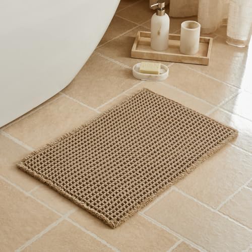 Triohero Waffle Bath Mat, Small Boho Bathroom Rugs Non Slip, 16x24 Khaki