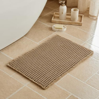 Triohero Waffle Bath Mat, Small Boho Bathroom Rugs Non Slip, 16x24 Khaki