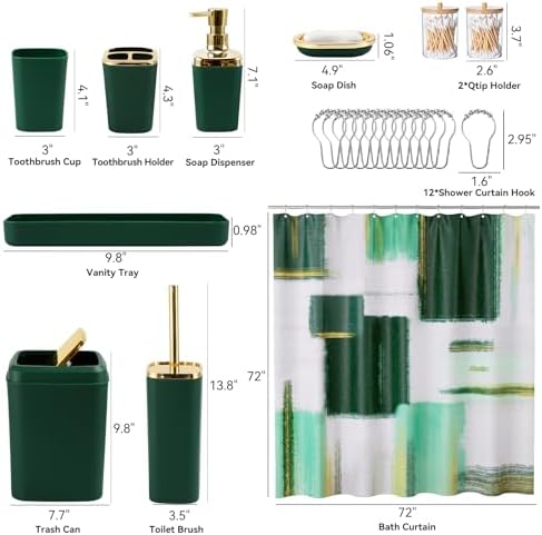 XLHOMO Green and Gold Bathroom Accessories Set, Bathroom Sets with Shower Curtain, Green Bathroom Accessories with Trash Can, Soap Dispenser, Soap Dish, Toilet Brush Holder, Qtip Holders