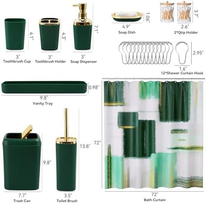 XLHOMO Green and Gold Bathroom Accessories Set, Bathroom Sets with Shower Curtain, Green Bathroom Accessories with Trash Can, Soap Dispenser, Soap Dish, Toilet Brush Holder, Qtip Holders