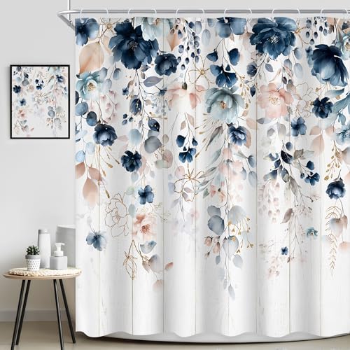 Rustic Floral Boho Blue Pink Eucalyptus Bathroom Shower Curtain Set