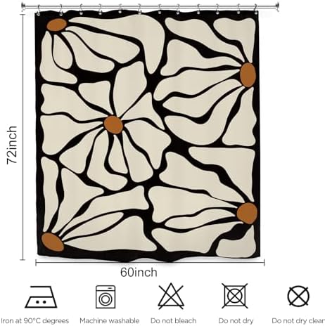 Matisse Flower Shower Curtain 60Wx72L Inch Abstract Retro Aesthetic Minimalist Modern Vintage Art 70s Modern Black Beige Bathroom Set Accessories Decor with 12 Pack Hooks