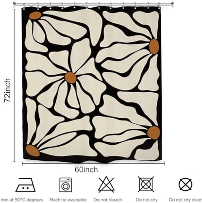Matisse Flower Shower Curtain 60Wx72L Inch Abstract Retro Aesthetic Minimalist Modern Vintage Art 70s Modern Black Beige Bathroom Set Accessories Decor with 12 Pack Hooks
