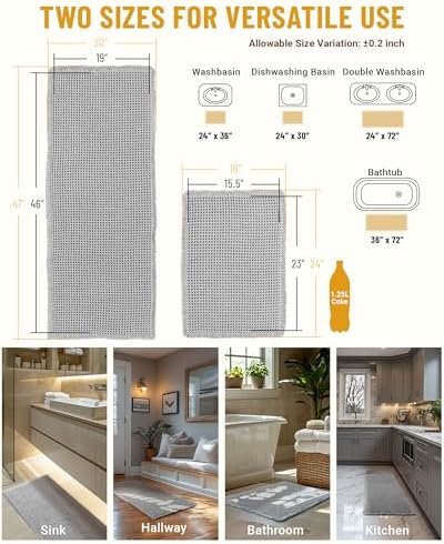 Furicher Large Waffle Bath Mat Set of 2, Non Slip Bath Mats for Bathroom, Ultra Absorbent Bathroom Mat for Bathroom Decor, Pottery Barn Furniture Choice, Washable Kitchen Rugs for Boho Decor