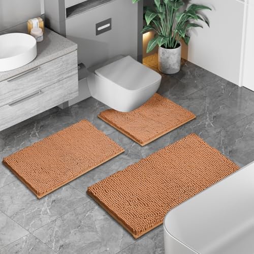 Bathroom Rugs Sets 3 Piece Non Slip Extra Absorbent Shaggy Chenille Batroom Rugs and Mats Sets, Soft & Dry Bath Rug/Mat Sets for Batroom Washable Carpets