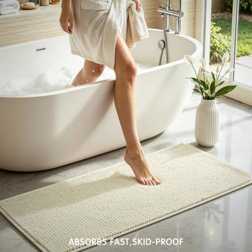 SUBRTEX Bathroom Rugs, 24" x 44" Chenille Bath Rug Soft Short Plush Bath Mat Soft Shower Mat Water Absorbent Shower Mat Quick Dry Machine Washable, Cream White