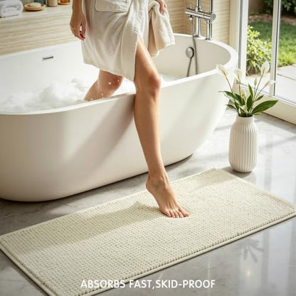 SUBRTEX Bathroom Rugs, 24" x 44" Chenille Bath Rug Soft Short Plush Bath Mat Soft Shower Mat Water Absorbent Shower Mat Quick Dry Machine Washable, Cream White