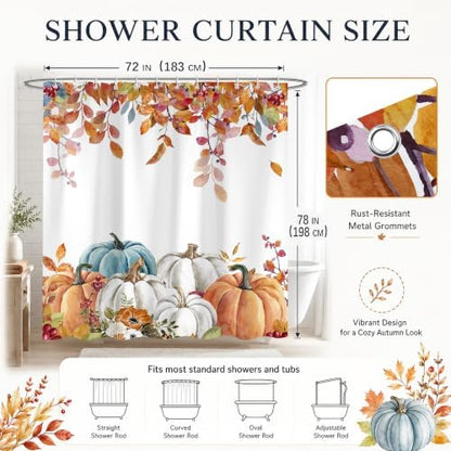 Fall Pumpkin Shower Curtains for Bathroom, Thanksgiving Teal Eucalyptus Leaves Watercolor Pumpkins Farmhouse Rustic Vintage Boho Bathroom Decor Set, Waterproof Fabric Polyester with Hooks 72x78 White
