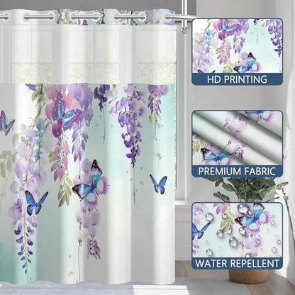 No Hook Shower Curtain with Snap in Liner 71x74 Inch