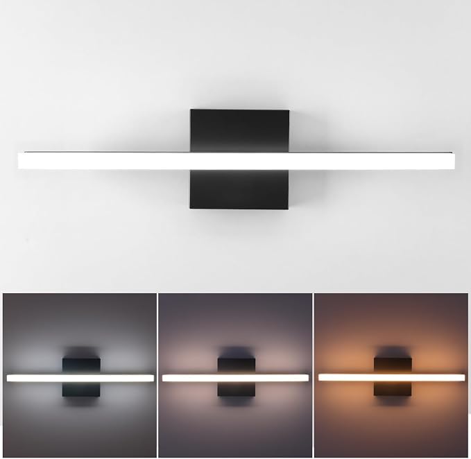 24 Inch LED Bathroom Vanity Light, 3-Color Selectable 3000K-6000K, IP44 Waterproof Wall Sconce for Makeup Mirror, Modern Black Vanity Lighting for Bathroom & Bedroom