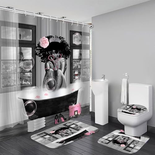 4Pcs African American Shower Curtain Sets with Rugs, Black Girl Shower Curtain for Bathroom Decor Sets with Paris Eiffel Tower Art Pattern, Grey Waterproof juego de baño, with 12 PCS Hooks