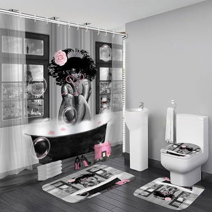 4Pcs African American Shower Curtain Sets with Rugs, Black Girl Shower Curtain for Bathroom Decor Sets with Paris Eiffel Tower Art Pattern, Grey Waterproof juego de baño, with 12 PCS Hooks