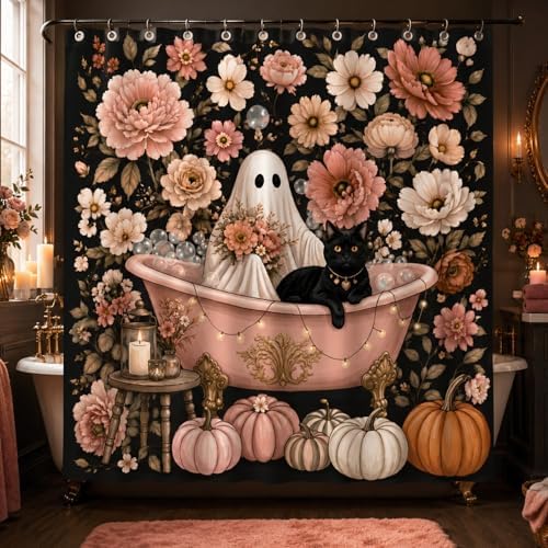 Halloween Shower Curtain, Black Cat Ghost Floral Bathroom Curtain, Autumn Pumpkin Decor Waterproof Polyester Fabric Shower Curtain with Hooks, 72x72 Inch