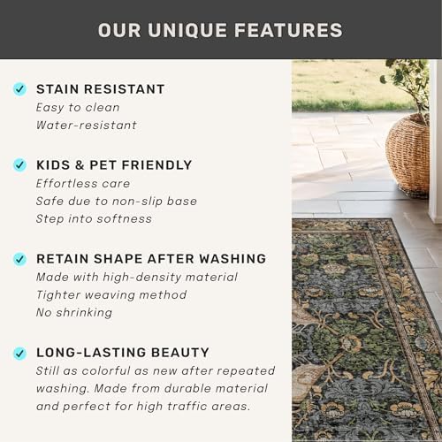 Hazo Haus Washable Living Room Rug 6x9 - Dark Floral Nature Rugs for Bedroom, Dining Room Kitchen Table Rug for Under Table, Office, Stain Resistant Non-Slip Large - Brown/Dark Green