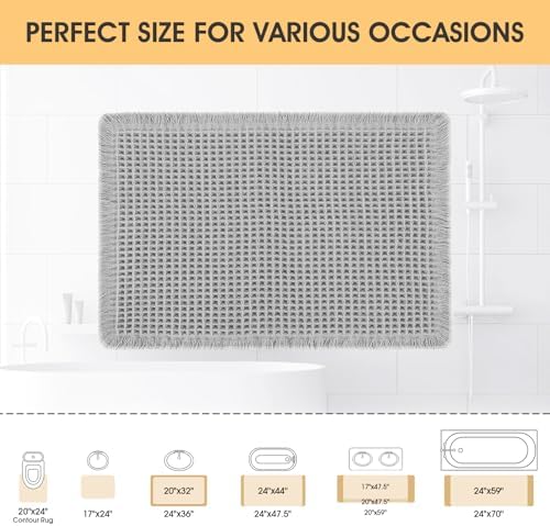IM HOME Waffle Bath Mat Light Grey 32"x20", Boho Woven Modern Bath Mat Rugs, Absorbent Non Slip Bathroom Rugs, Soft Washable Bath Rugs with Tassels for Bathroom, Bedroom, Kitchen, Shower, Tub